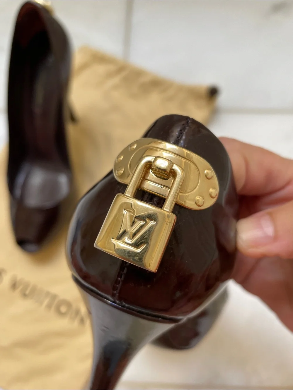 Louis Vuitton Brown Patent Peep-Toe Stiletto Heels with Gold Hardware